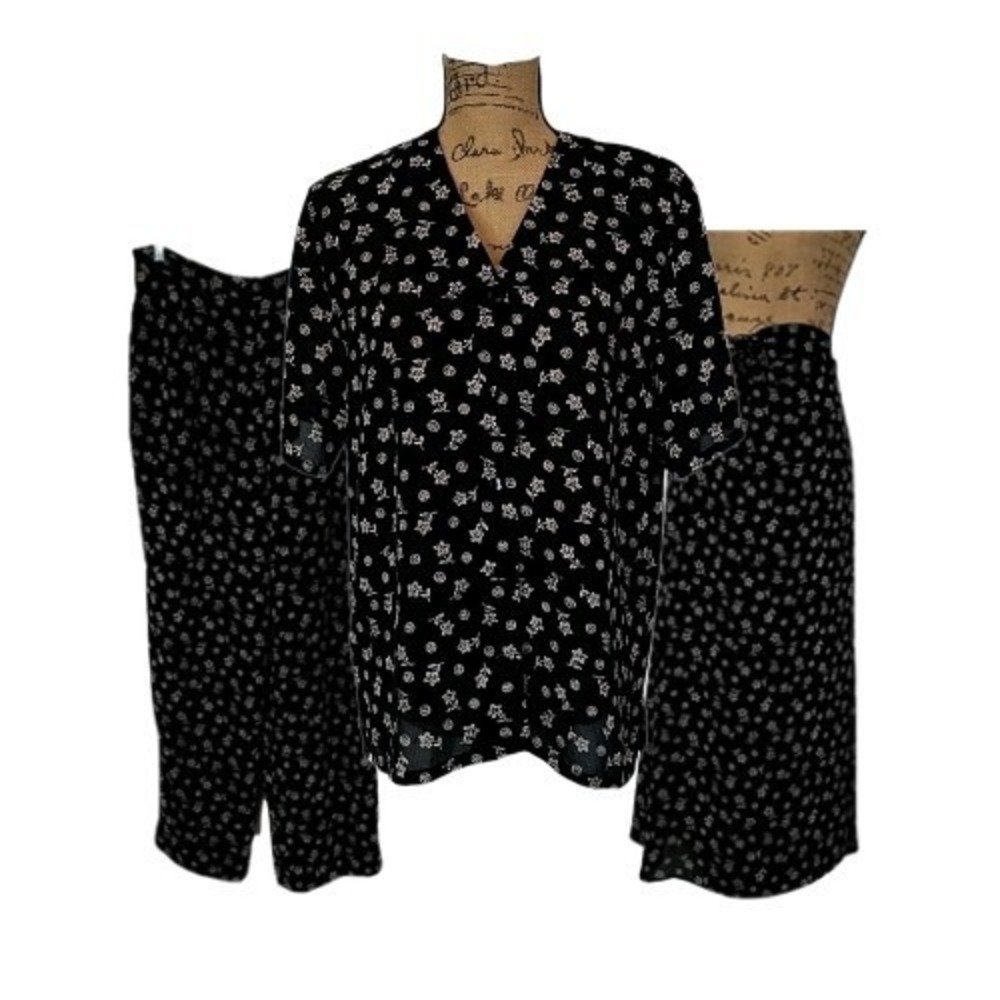 Vintage Pendleton Black Floral 3 Piece Set sz 12 Blouse Skirt‎ Pants Cottagecore